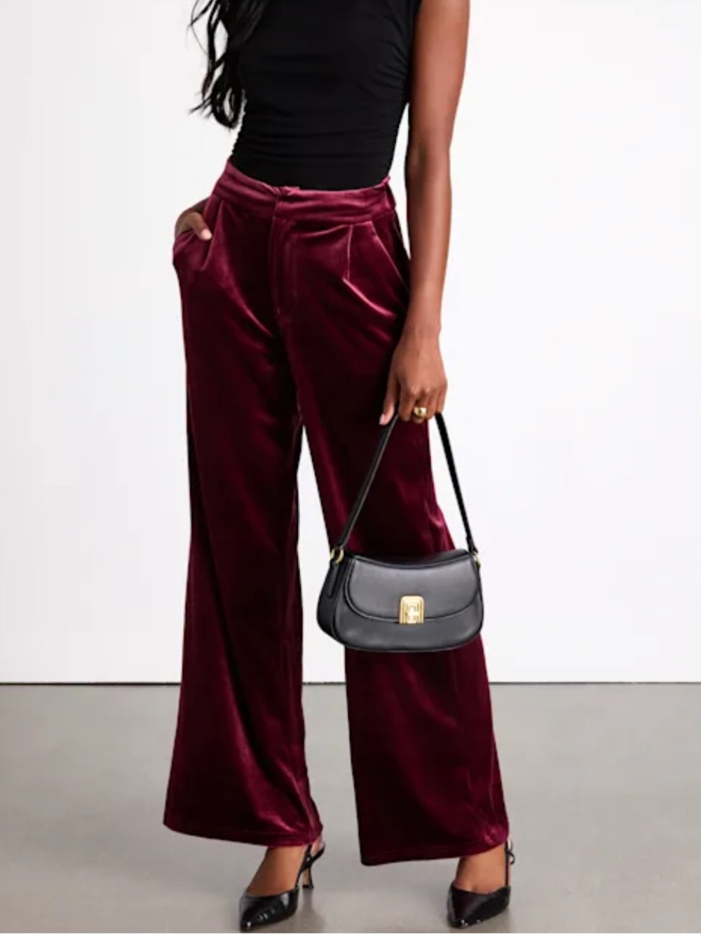 New Lulus Haira Burgundy Velvet Wide Leg Mid Rise Trousers Pants